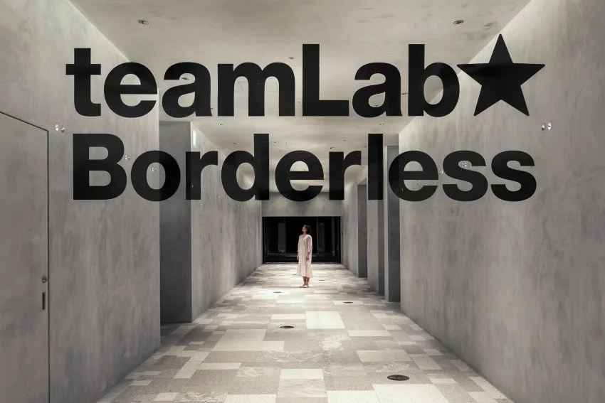 teamLab, People Don't See the World as through a Camera. The letters at the entrance of teamLab Borderless only rise toward you through a lens. © teamLab