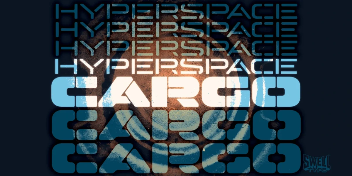 Stacked blue text reading "Hyperspace" and "Cargo" with overlapping geometric shapes creating a mirrored effect against a dark background