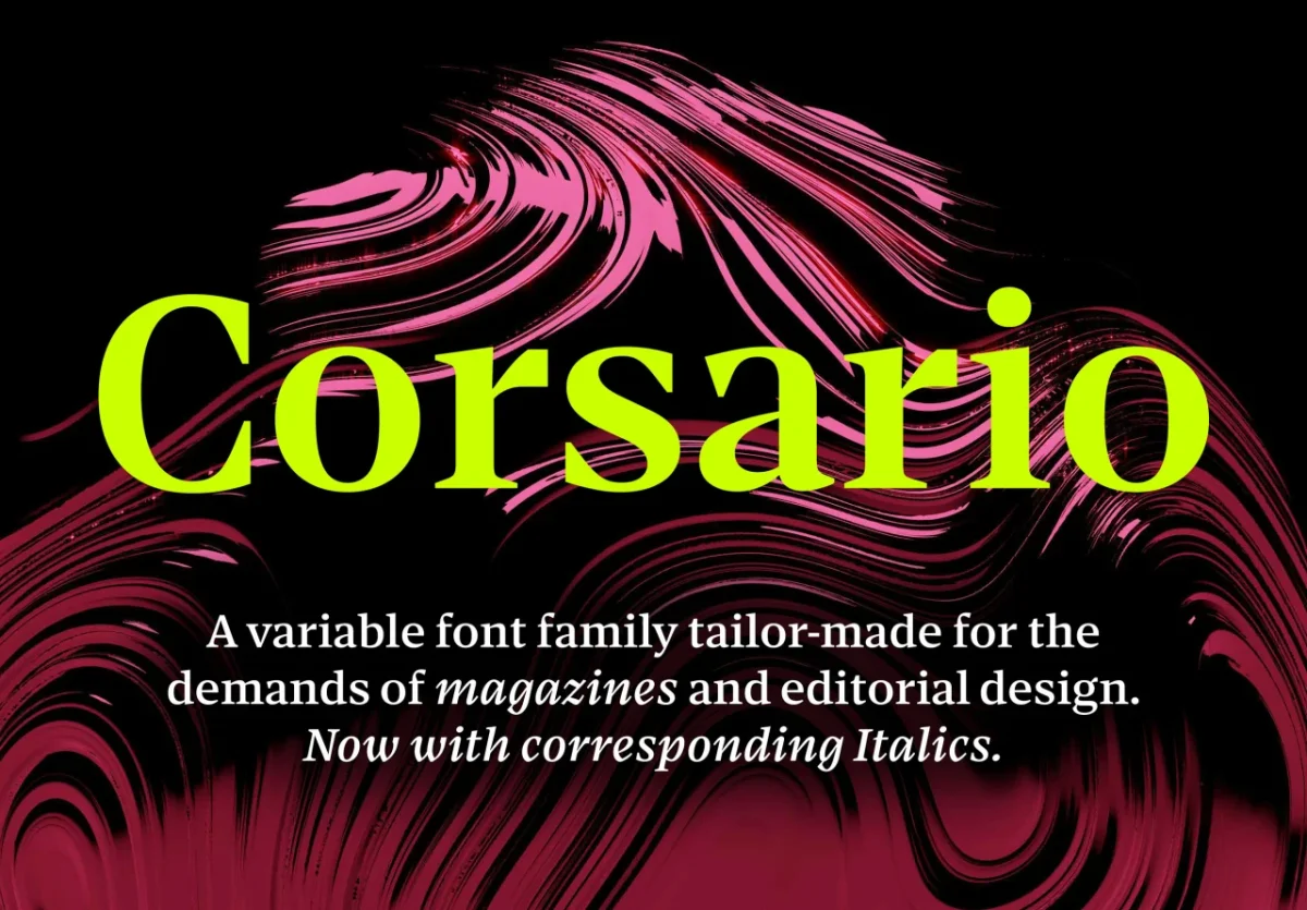 Corsario typeface name in bright yellow against swirling pink and black brushstroke design, with descriptive text about the variable font family for editorial design