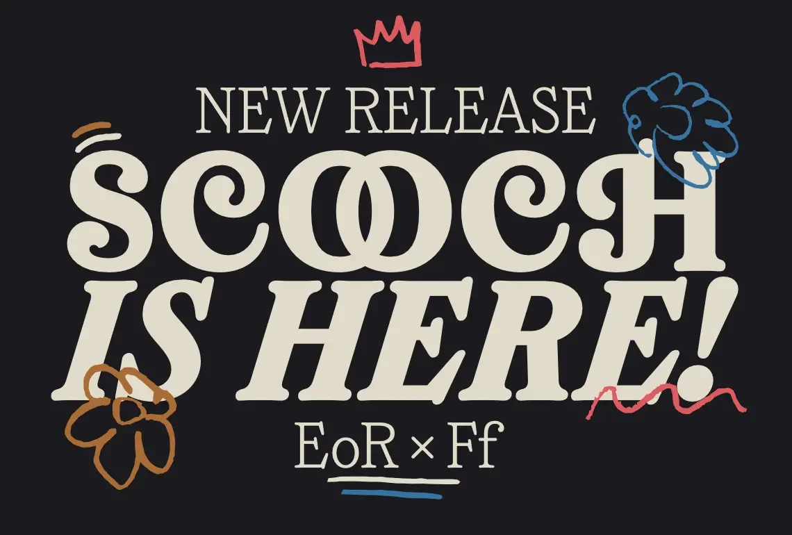 Cream-coloured text reading "New Release Scotch Is Here" with a red crown, blue thistle and orange and red decorative elements, credited to EoR × Ff on dark background