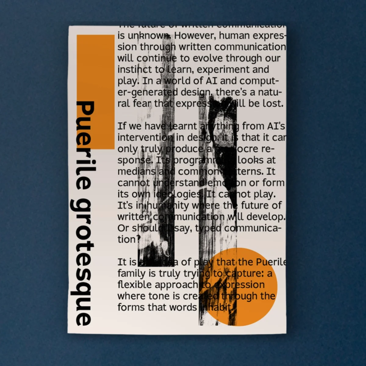 A printed page overlaid with a black and white architectural photograph, featuring orange design elements and the typeface name Puerile Grotesque displayed vertically.