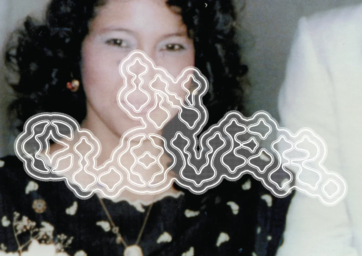 White line-drawn geometric shapes overlaid on a vintage photograph of a woman with dark curled hair wearing a dark patterned garment