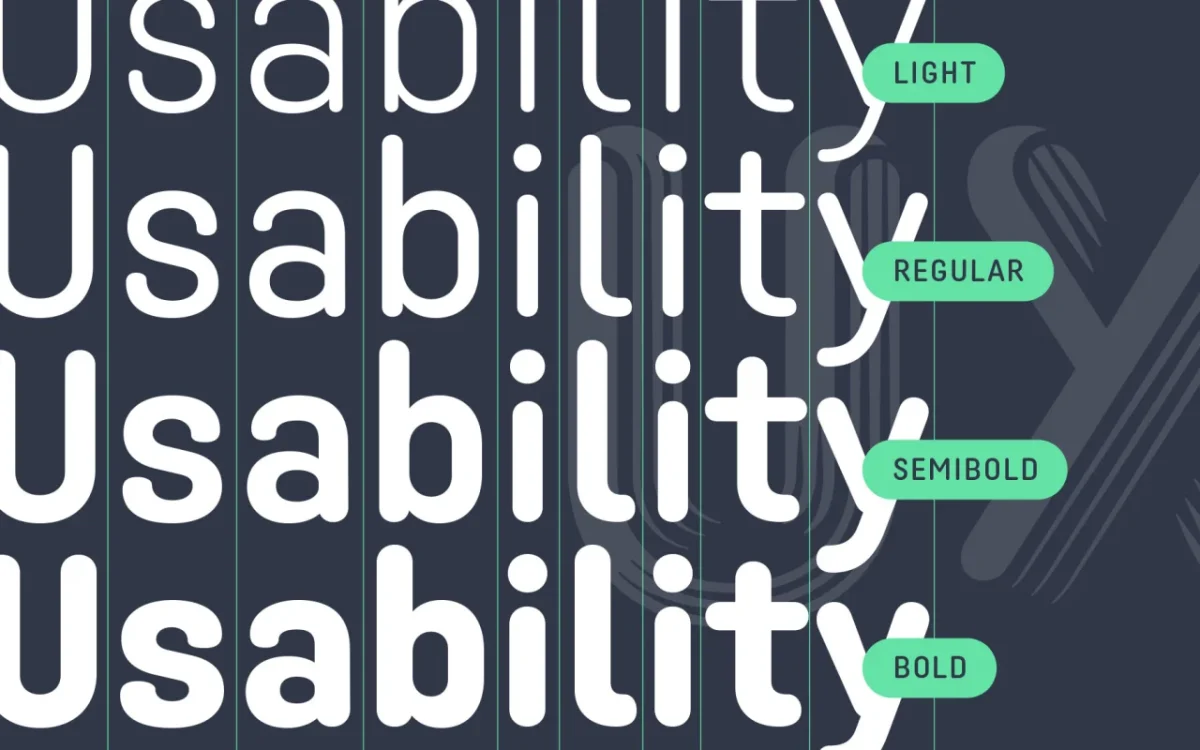 Twista Sans typeface displaying four weights (Light, Regular, Semibold, Bold) with green labels on a dark background, demonstrating the font's uniwidth design