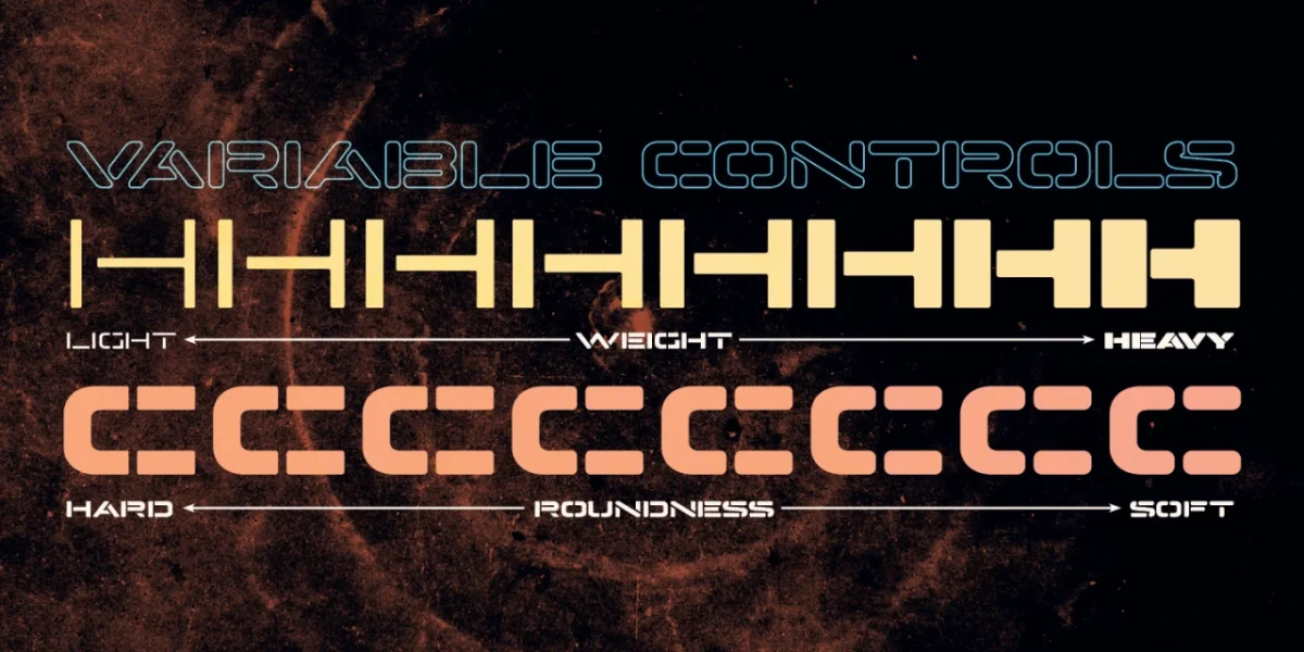 Variable controls diagram for Hyperspace Cargo typeface showing weight axis from light to heavy and roundedness axis from hard to soft