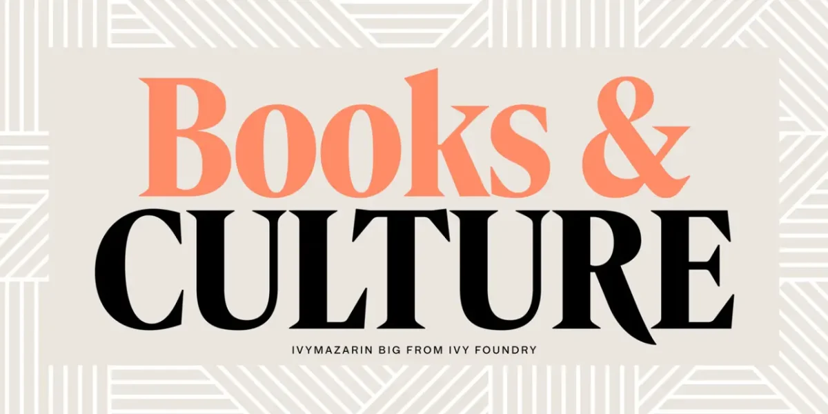 Typographic title "Books & Culture" in coral and black serif lettering with geometric line patterns in background, credited to Ivy Foundry