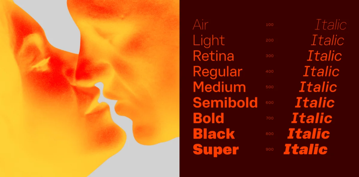 Magmae typeface display showing weight variations from Air to Super in orange and red text on dark background, alongside abstract orange and yellow gradient illustration