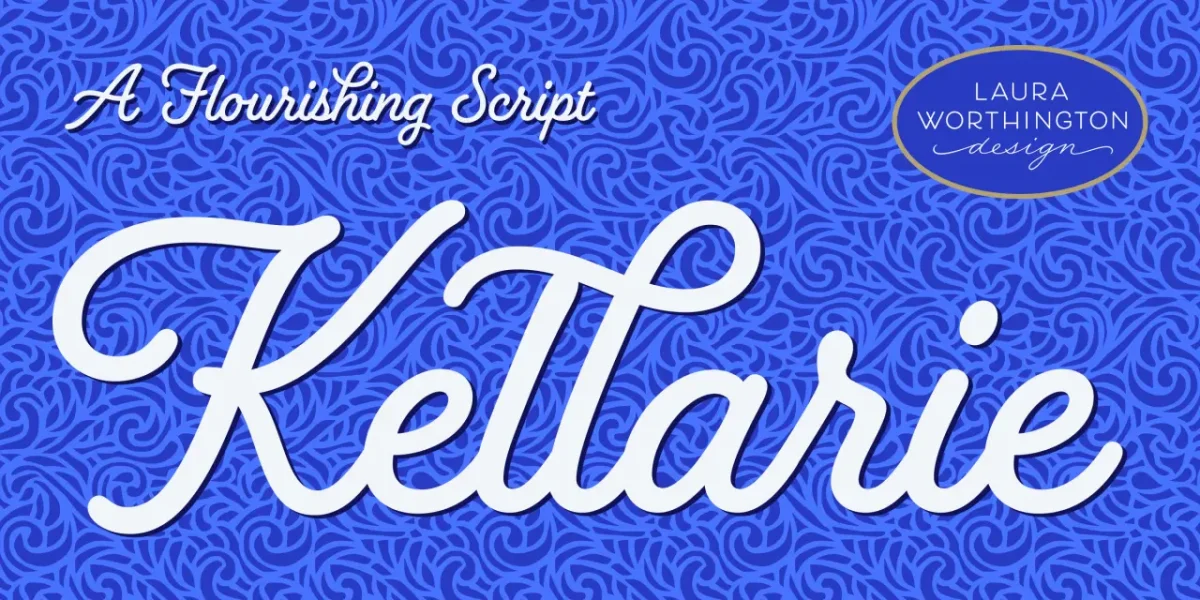 Kellarie typeface by Laura Worthington displayed in white flowing script on a deep blue patterned background