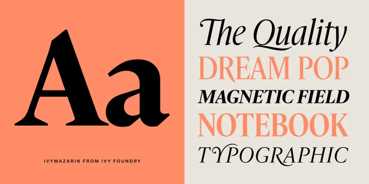 Ivy Mazarin typeface sample showing serif letters "Aa" on coral background beside text displaying font name and foundry details