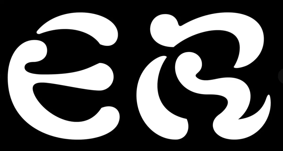 White stylised letter forms resembling interlocking abstract shapes on a black background