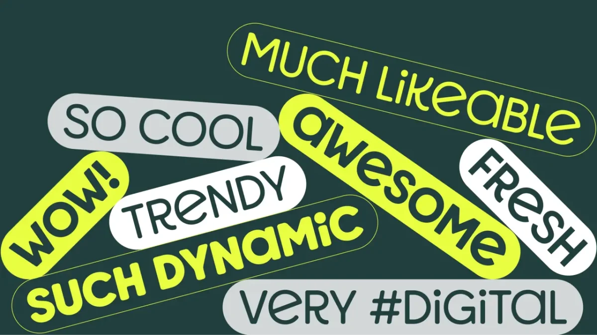 Colourful typographic labels in yellow, white and grey displaying slang terms including "So Cool", "Wow", "Trendy", "Much Likeable", "Awesome", "Fresh", "Such Dynamic" and "Very #Digital" on a teal background