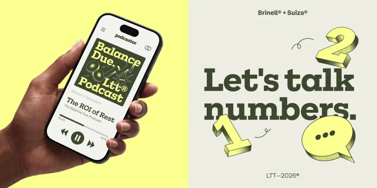 Hand holding a smartphone displaying the Balance Due podcast interface on a bright yellow background, with "Let's talk numbers" branding and geometric shapes to the right