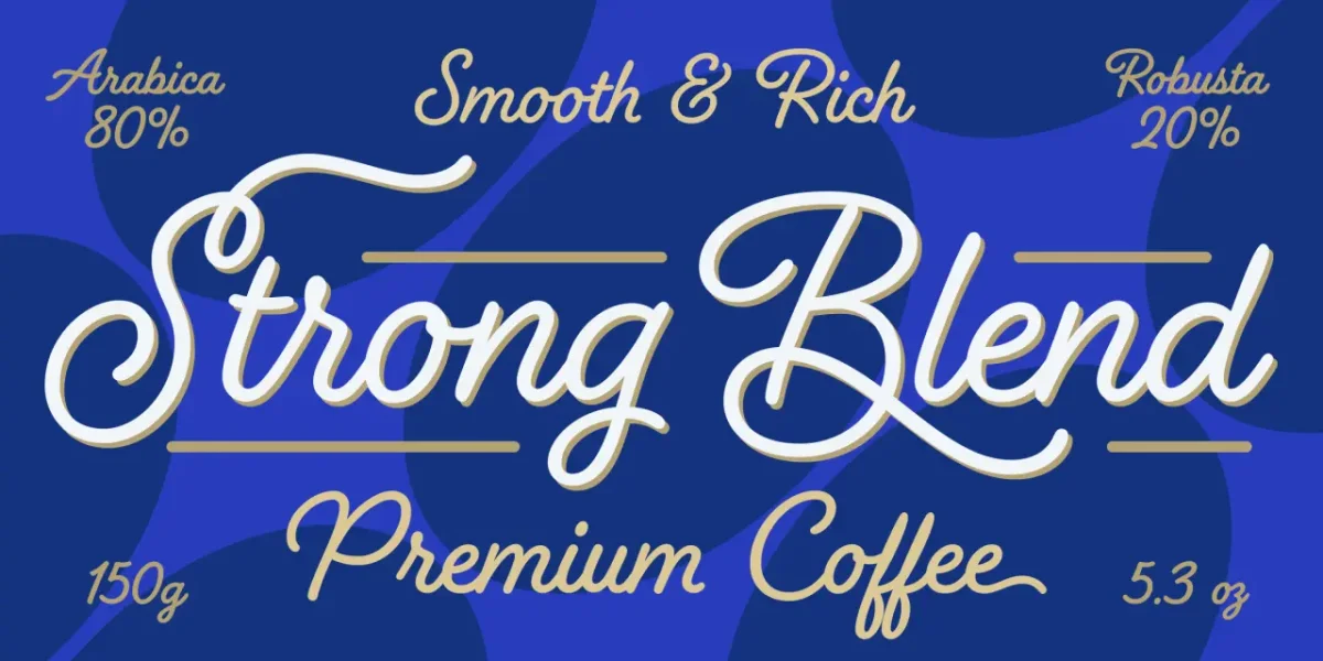 Strong Blend Premium Coffee label featuring Arabica 80% and Robusta 20% beans on a blue background with gold lettering