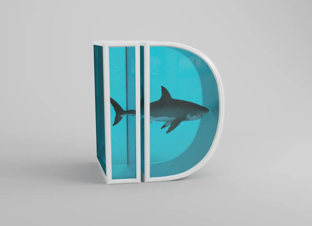 Three-dimensional letter D featuring a shark silhouette suspended in turquoise liquid, inspired by Damien Hirst's artwork