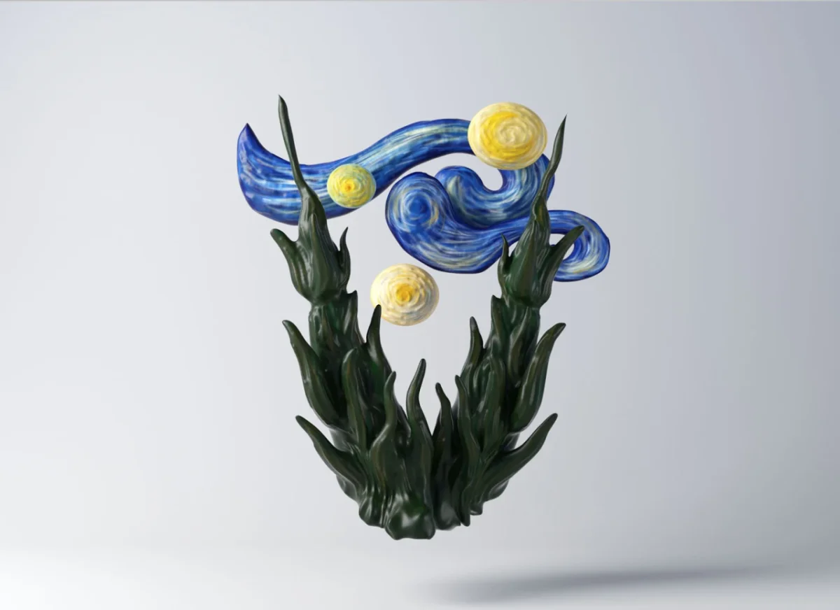 Swirling blue and yellow forms inspired by Van Gogh's Starry Night compose the letter V, with dark green plant stems beneath