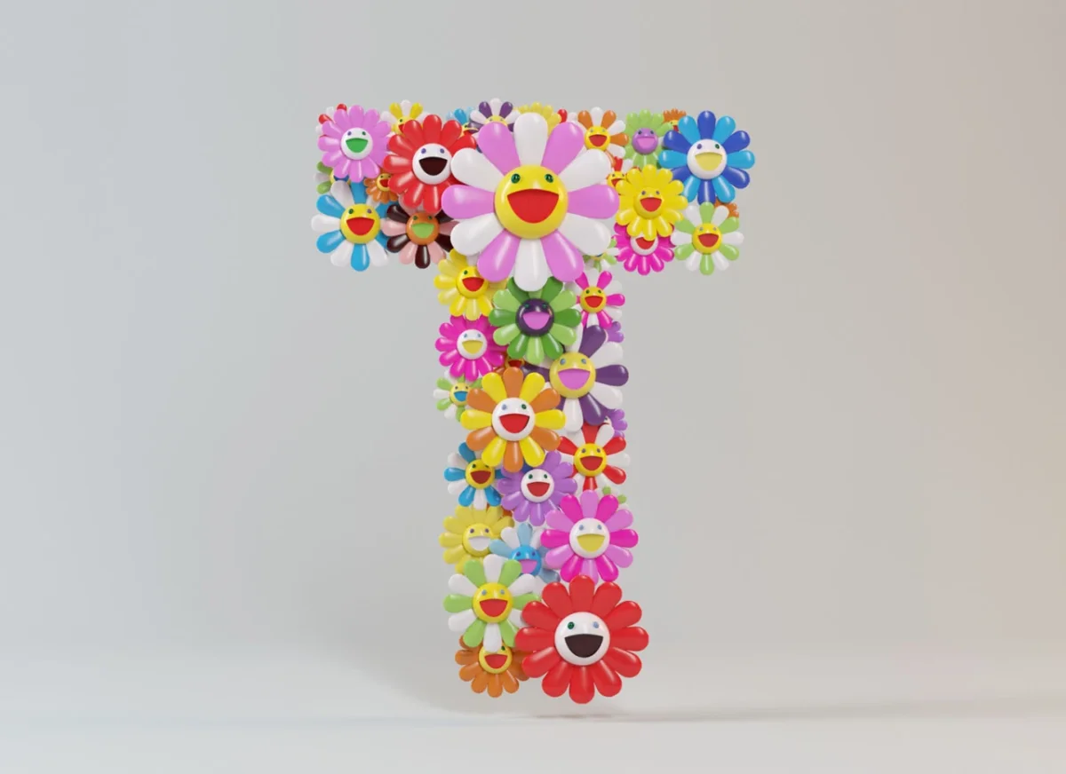 Letter T composed of colourful smiling flowers inspired by Takashi Murakami's iconic daisy motifs