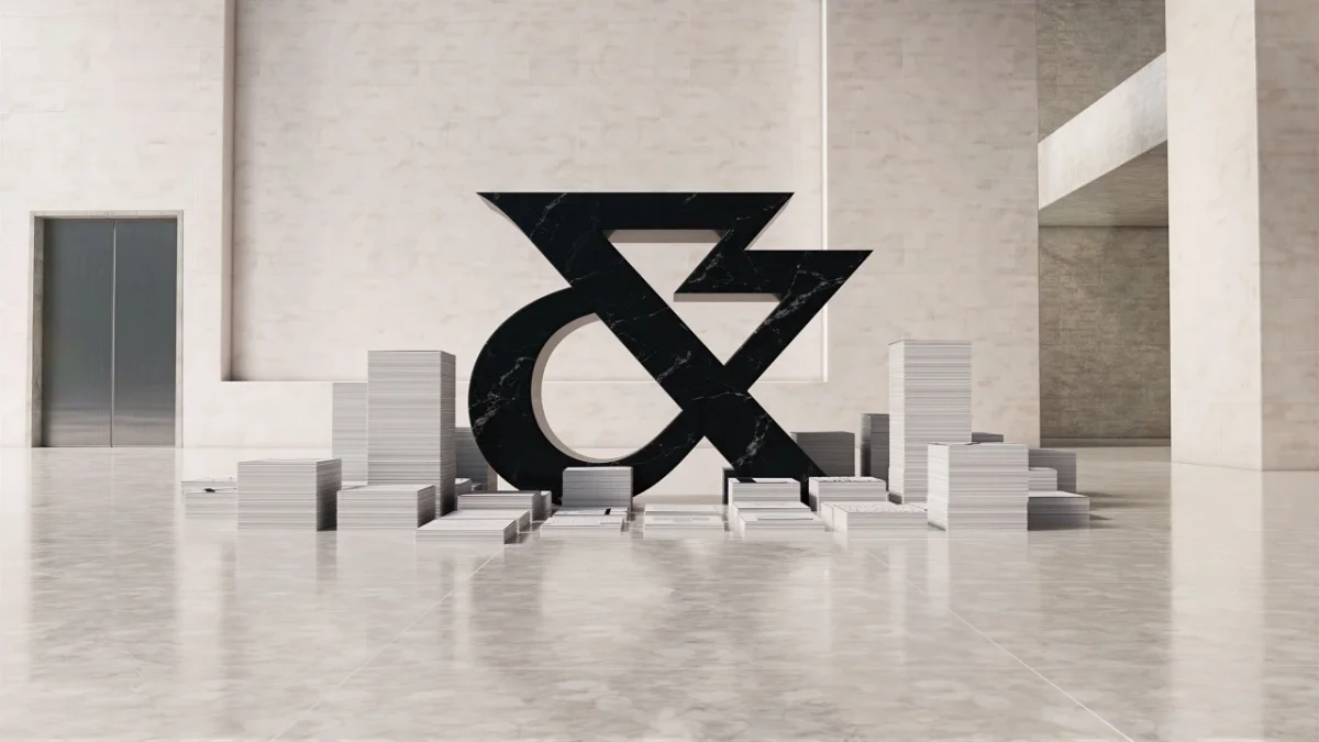 Large black ampersand symbol surrounded by white rectangular blocks in a minimalist gallery space with concrete walls