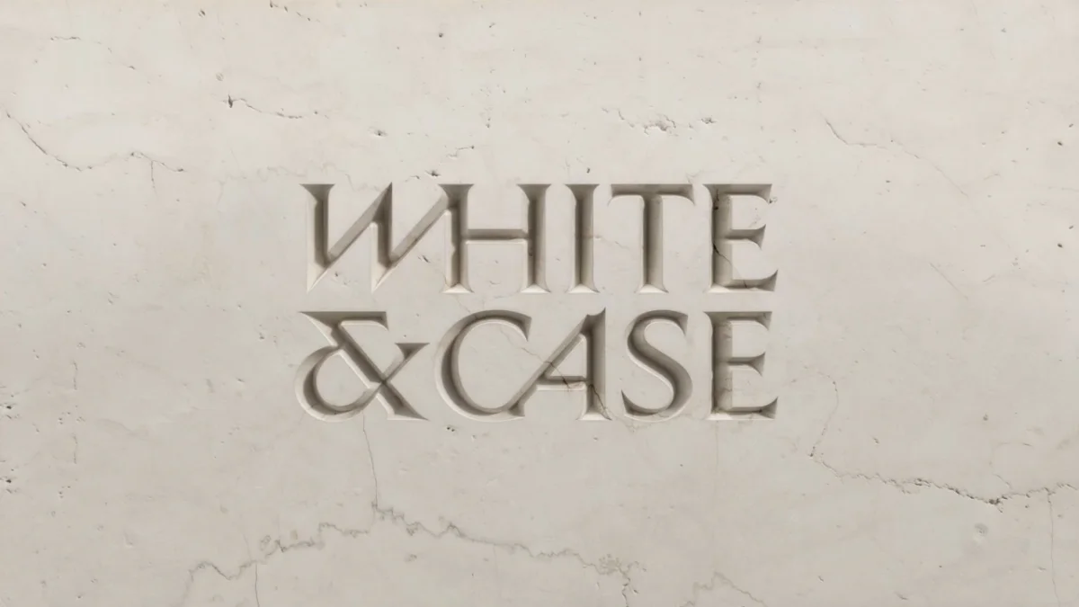 White & Case logo in kinetic serif typeface on textured marble background in Catalyst Blue