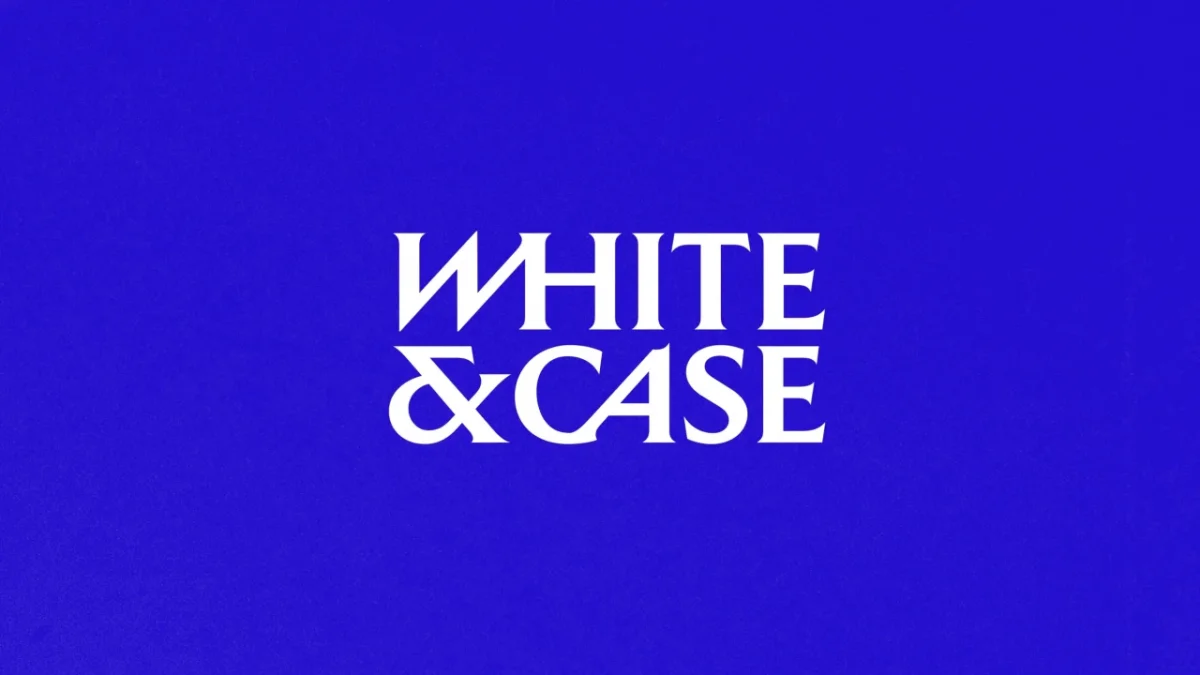 White & Case logo in white italic lettering on a vibrant electric blue background