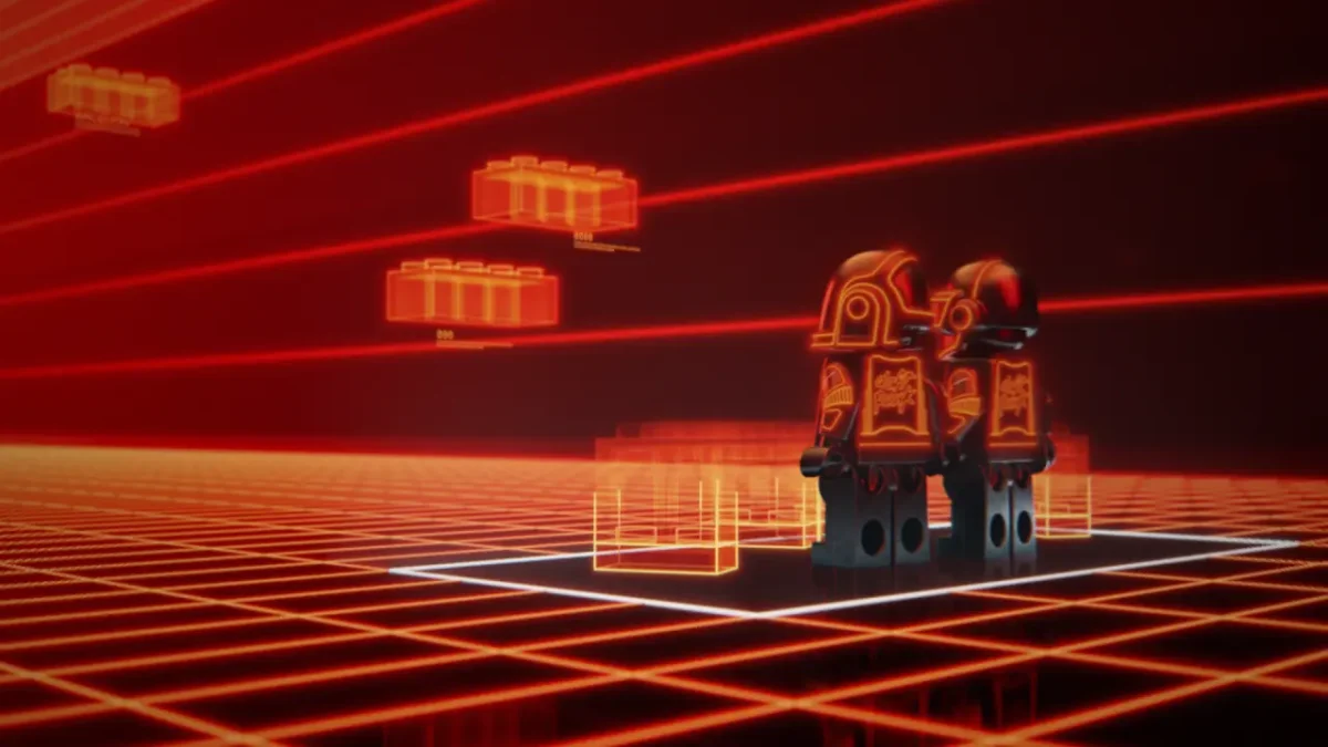 A neon orange robot with geometric patterns stands on a gridded floor in a red-tinted digital landscape with floating rectangular structures and laser beams overhead