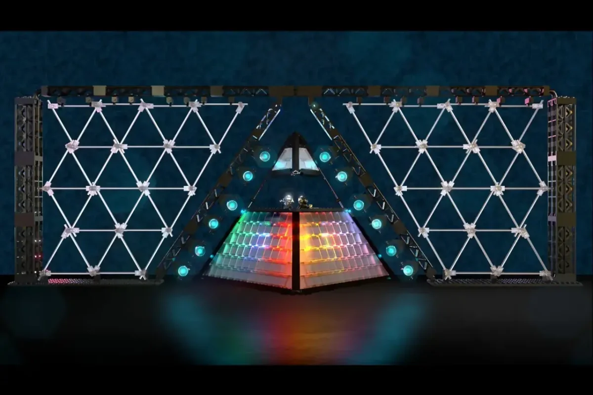 Illuminated Lego pyramid structure with geometric triangular patterns and glowing spheres, flanked by symmetrical diamond-patterned panels on a dark background