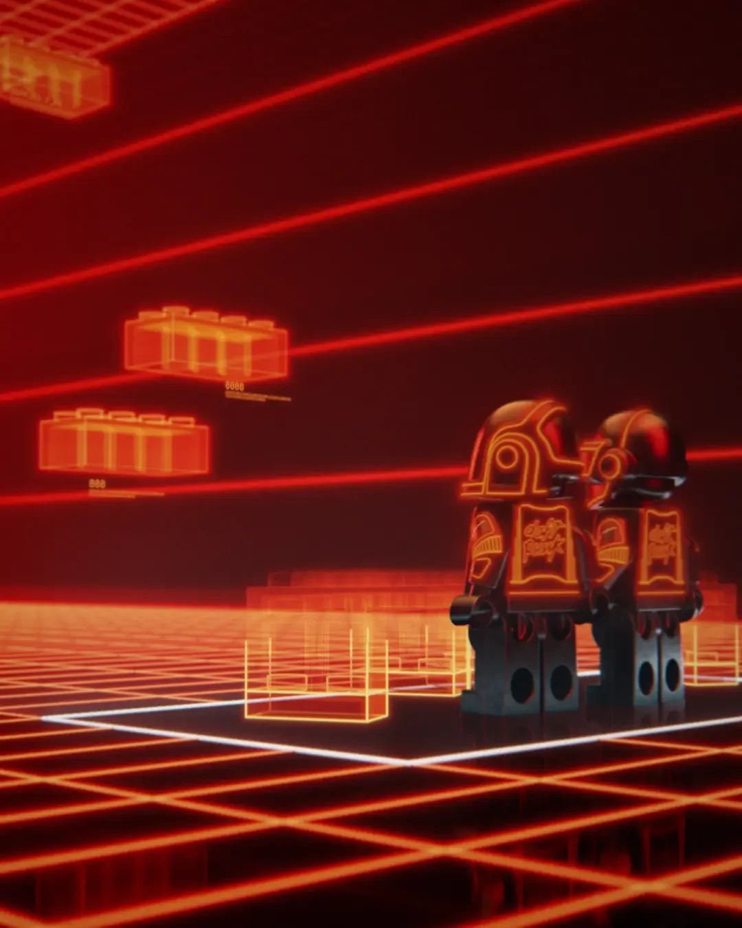 Neon-lit retro-futuristic scene with glowing orange robot and floating geometric shapes against a grid floor and red laser beams