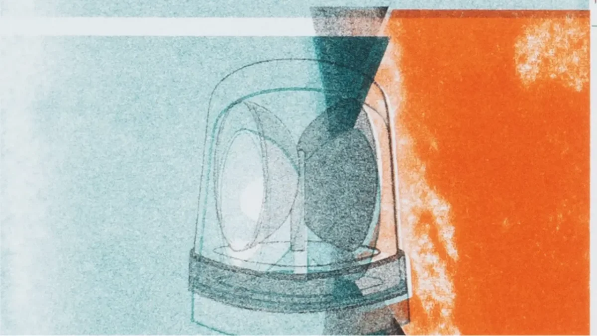 Risograph printed abstract animation showing overlapping organic shapes in teal and orange tones with textured printing effects