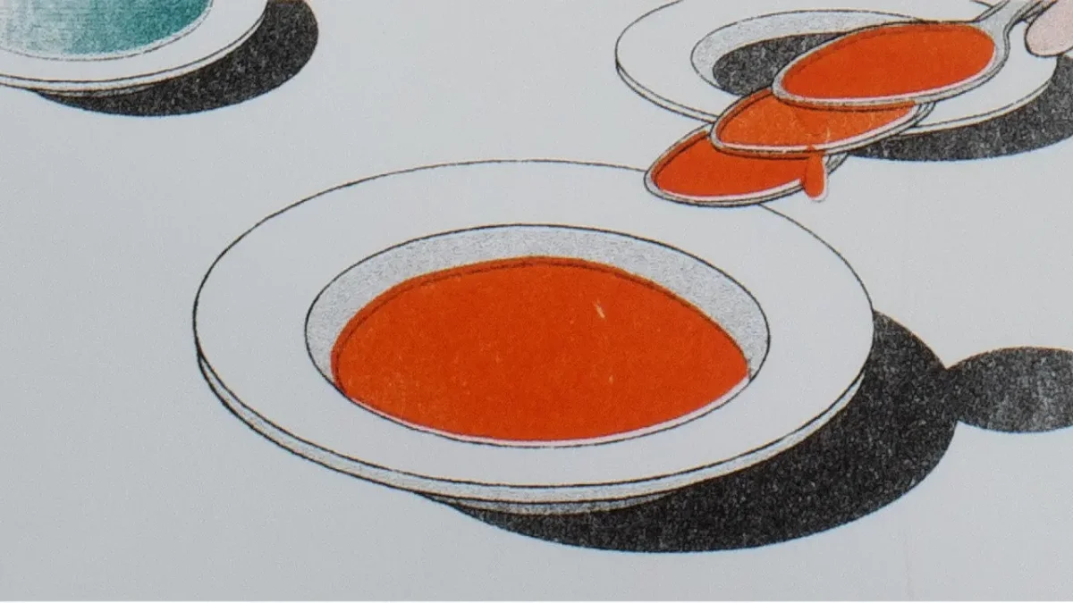 Risograph-printed animation frame showing white plates with orange and turquoise circular centres and dark textured shadows against a grey background