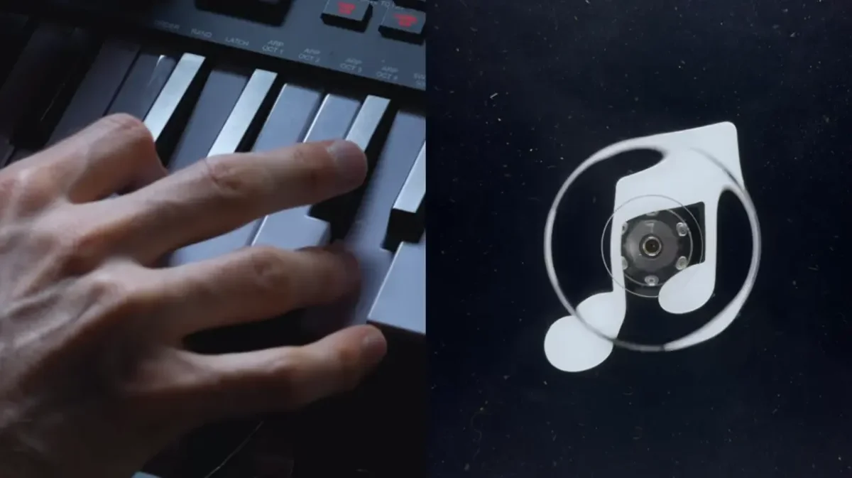 Hand playing black and white keyboard keys on the left, alongside Apple Music's new logo featuring a musical note shape formed from ripples, on the right