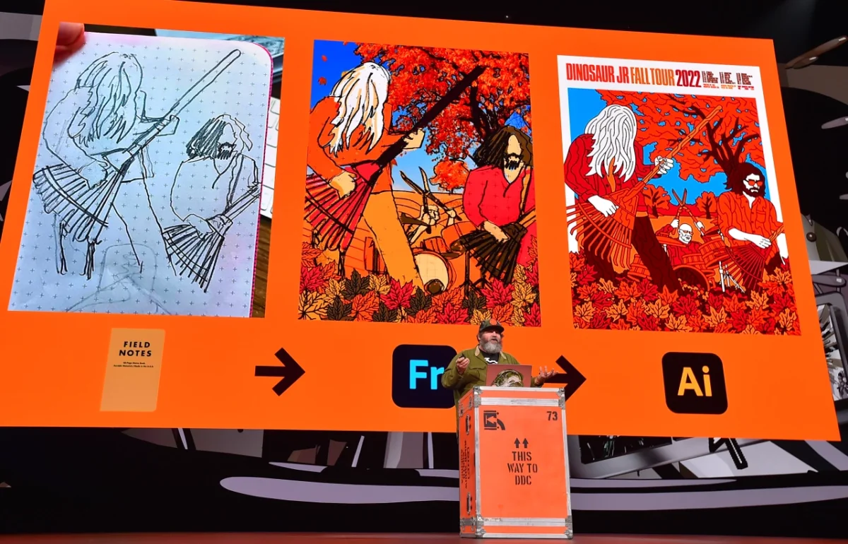 Three panels on an orange background showing the creative process from hand sketch to digital artwork using Fresco and Illustrator, with a Dinosaur Jr Full Loud 2022 poster visible on the right panel