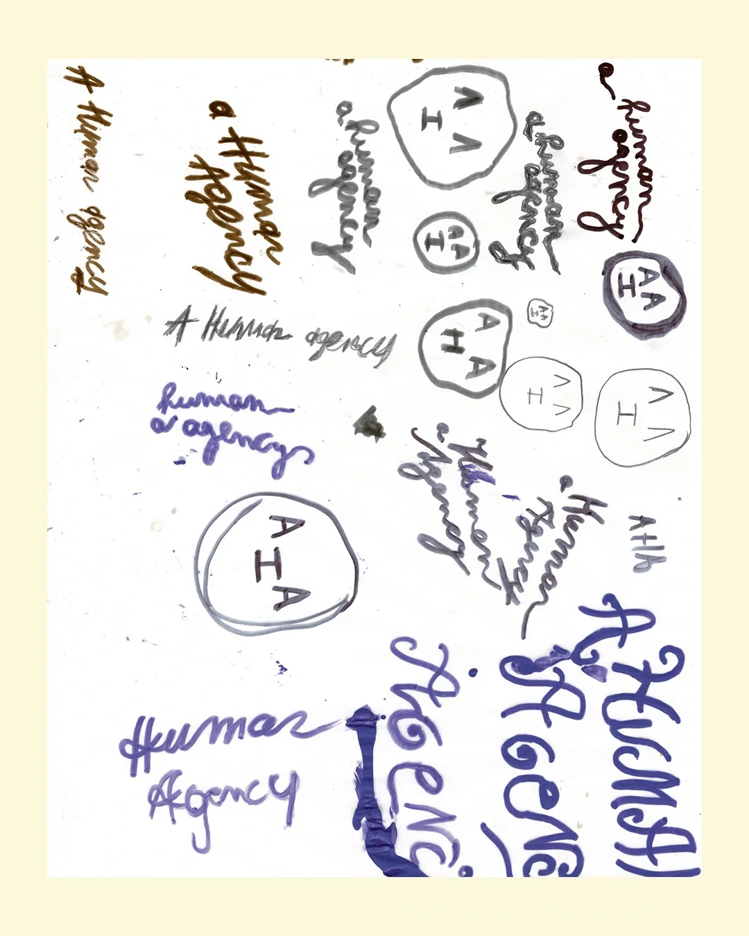 Sketched page showing handwritten text, circular shapes with H and arrow symbols, and various words including "Human Agency" in different handwriting styles and ink colours