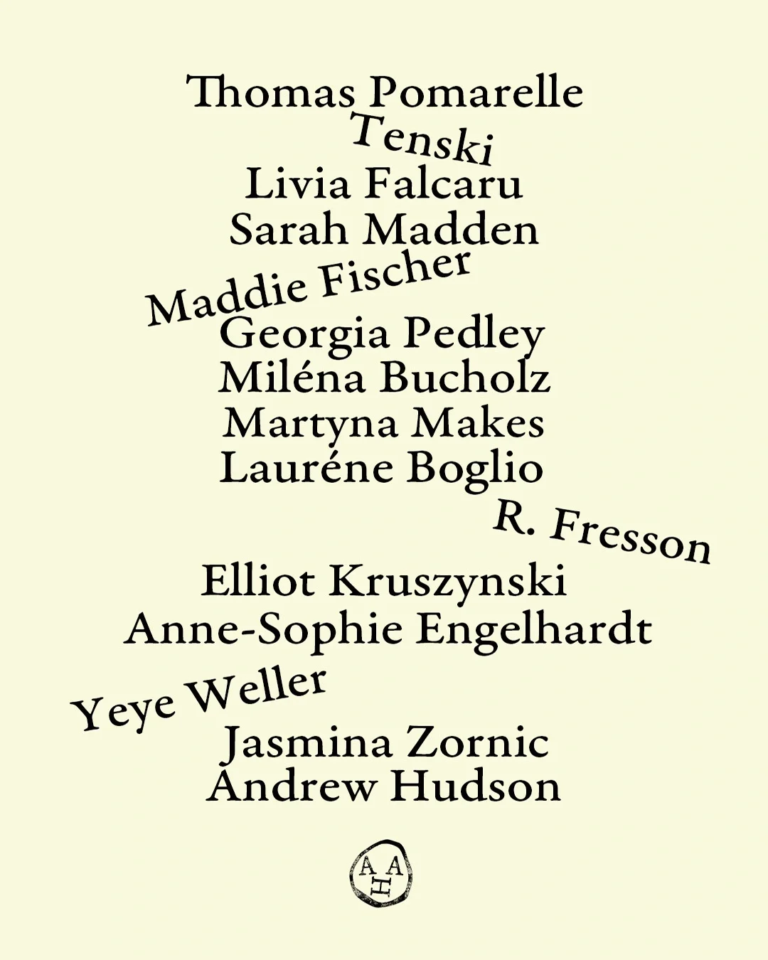 A cream-coloured page listing the names of 16 illustrated artists and designers represented by A Human Agency, with a small circular logo at the bottom