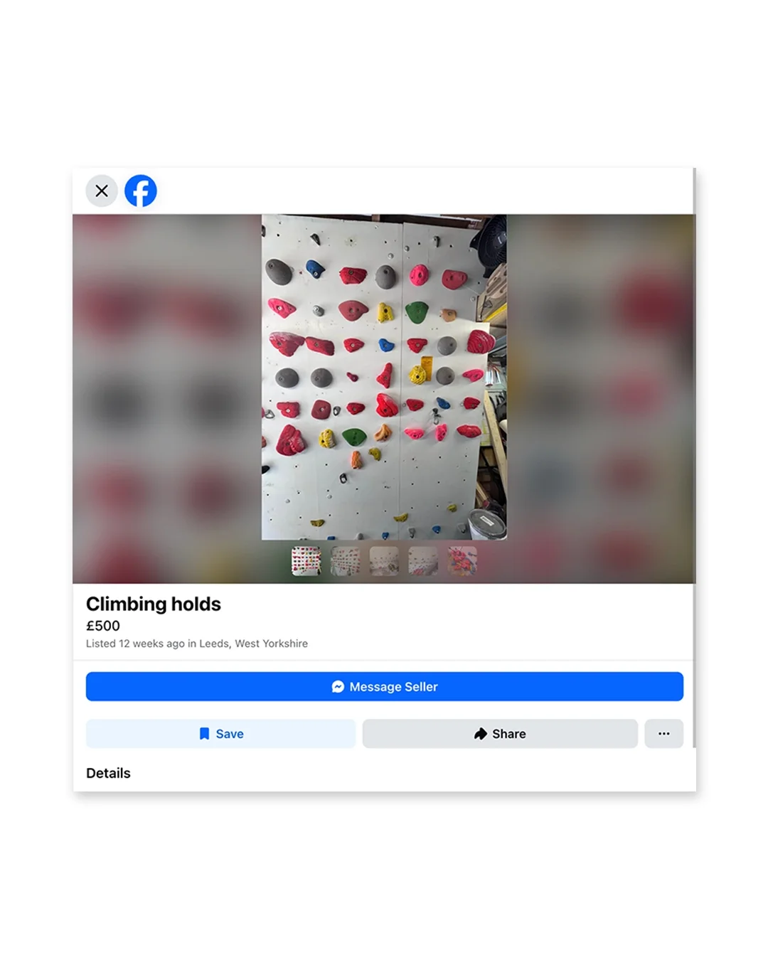 White climbing wall panel with colourful handholds arranged in rows, photographed with flash for a Facebook Marketplace listing
