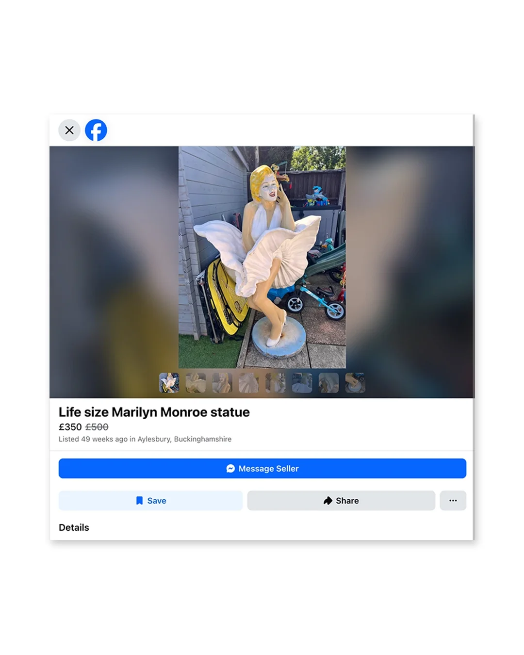 Life size Marilyn Monroe statue with yellow hair and white dress displayed in a garden, listed for sale on Facebook Marketplace