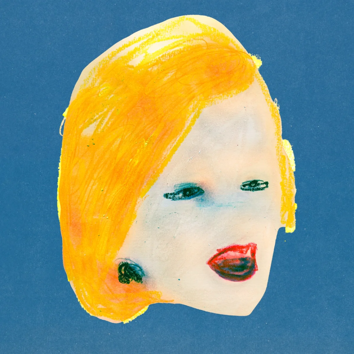Stylised portrait with bright yellow hair, pale skin, teal eyes and red lips on a blue background, inspired by pop art