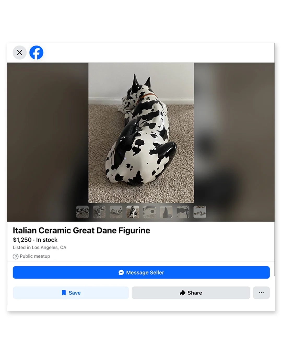 Black and white spotted ceramic Great Dane figurine lying on grey carpet, displayed in a Facebook Marketplace listing