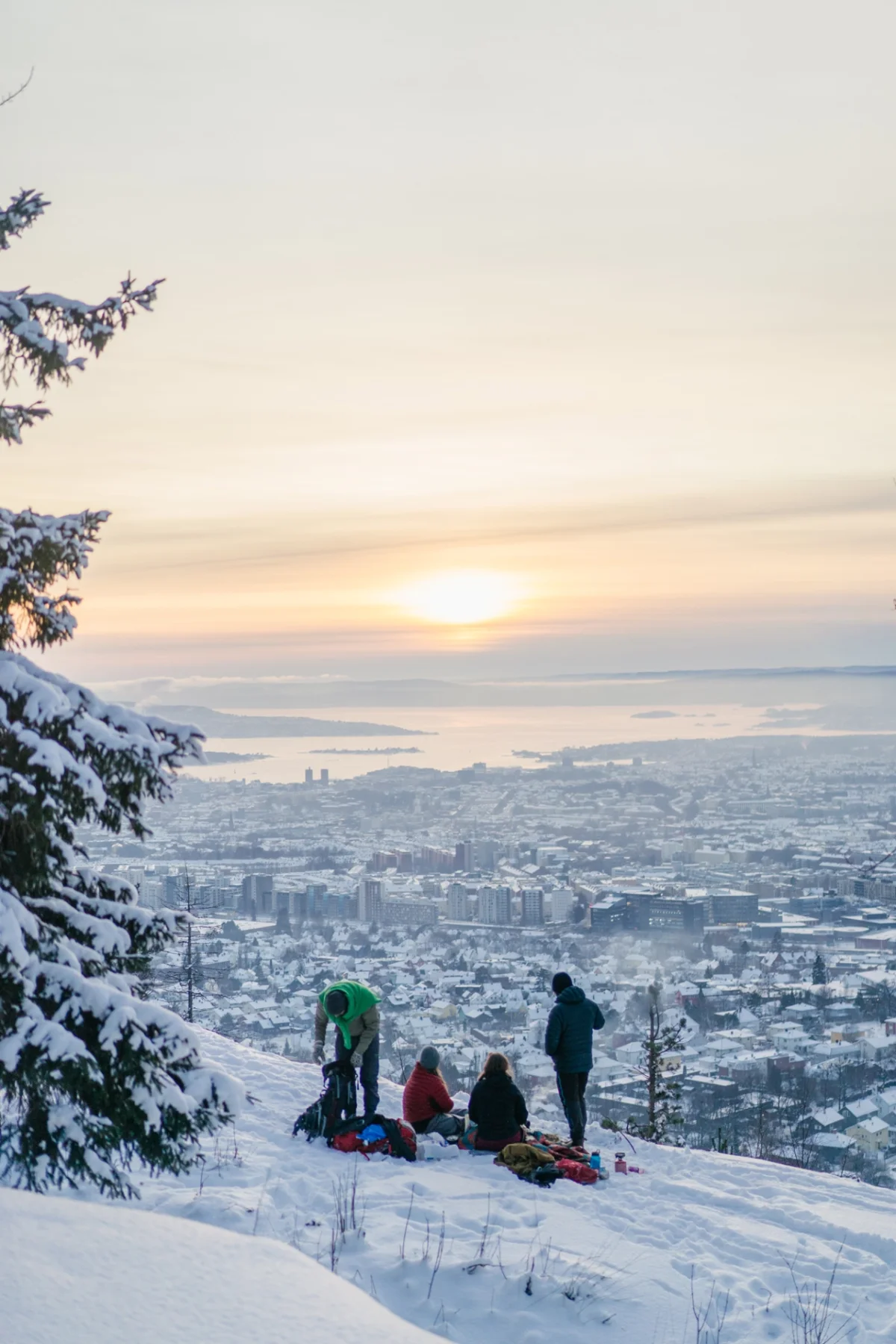 Group of people sitting and standing on a snowy hillside overlooking Oslo at sunset, with snow-covered evergreen trees in the foreground and the city sprawling below
