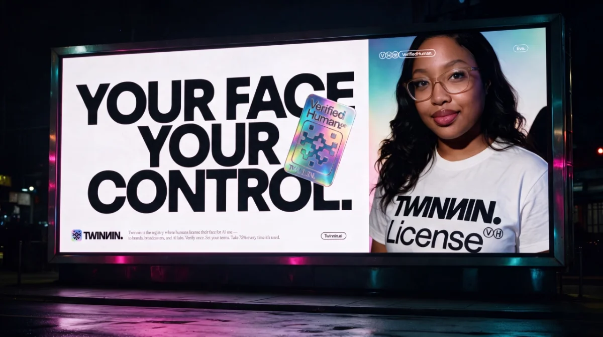 Outdoor billboard displaying "YOUR FACE YOUR CONTROL" text with a woman wearing glasses and a Twinnin License t-shirt holding a holographic card