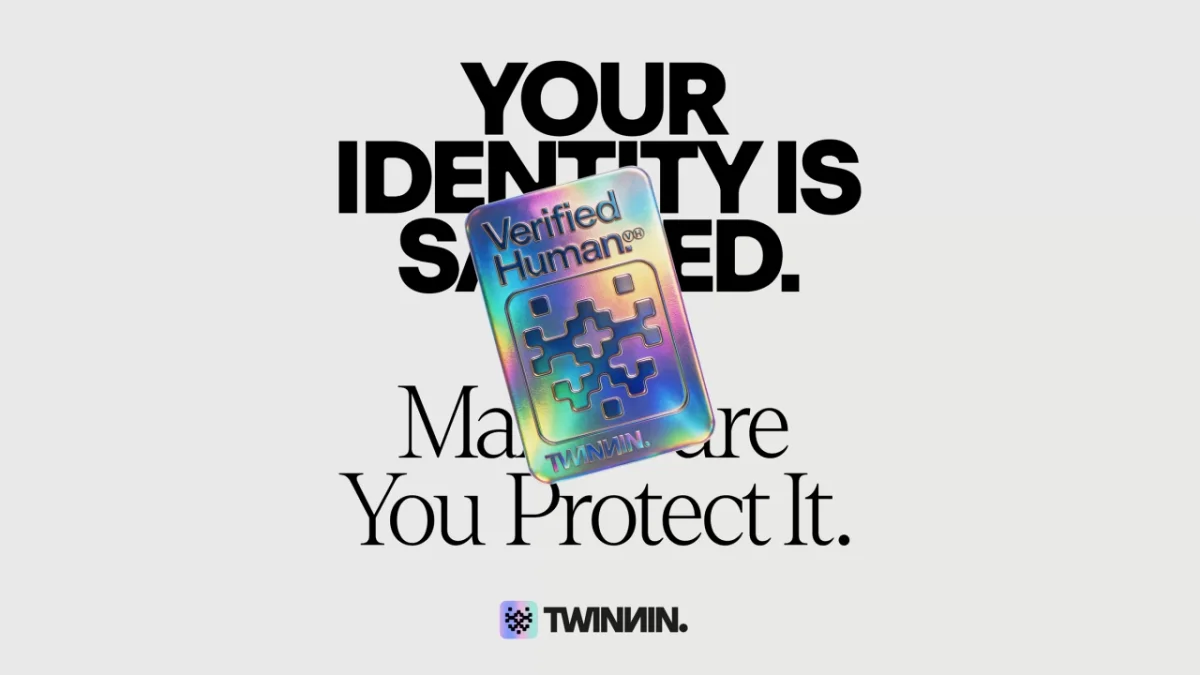 Colourful gradient smartphone displaying the Verified Humanz app logo, positioned over bold text reading "Your identity is sacred. Make sure you protect it" with the Twinnin logo below
