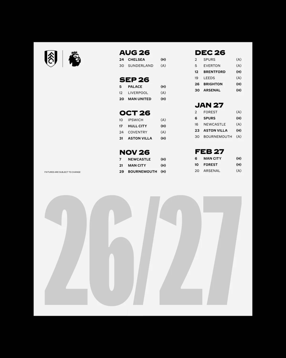 Fulham FC fixture list for 2026-27 season showing matches from August through February with opponents and home or away designation