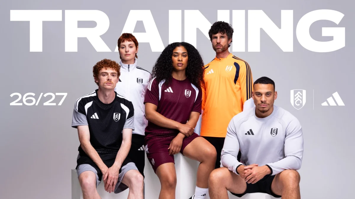 Five players wearing Fulham FC training kit designed for the 2026/27 season, featuring adidas branding and the club's new identity