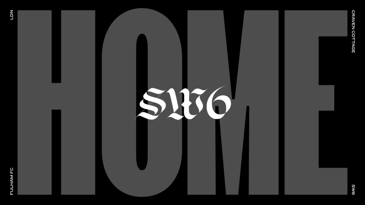 Fulham FC's SUI6 typeface logo displayed in large grey letters with white stylised lettering overlay on a black background
