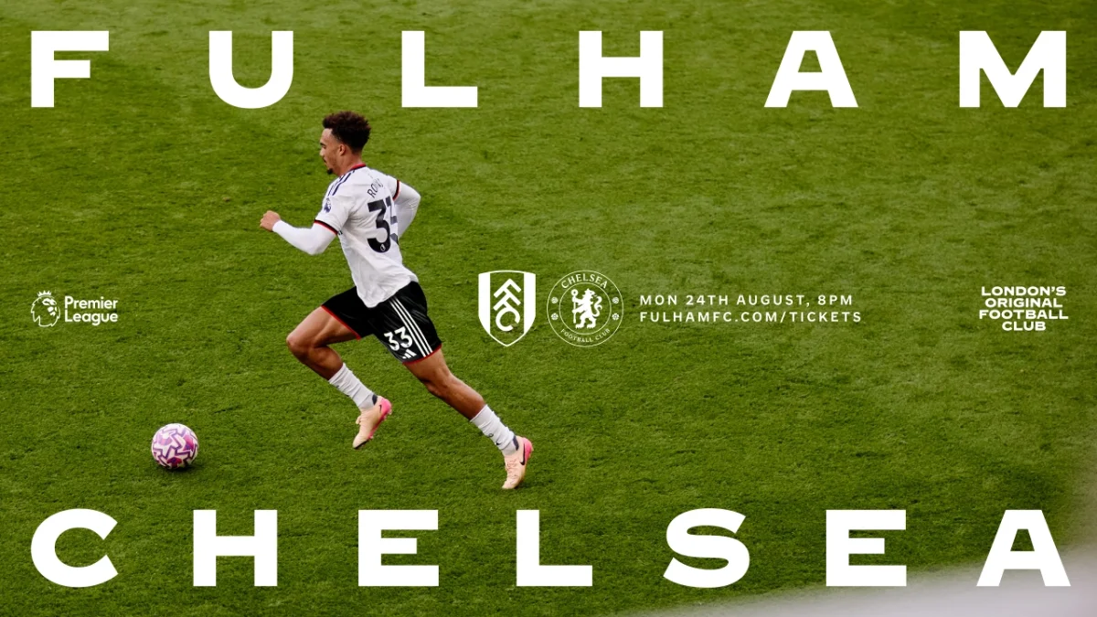 Fulham FC player number 34 running with the ball on a grass pitch, with match details for Fulham versus Chelsea on 24 August at 8pm