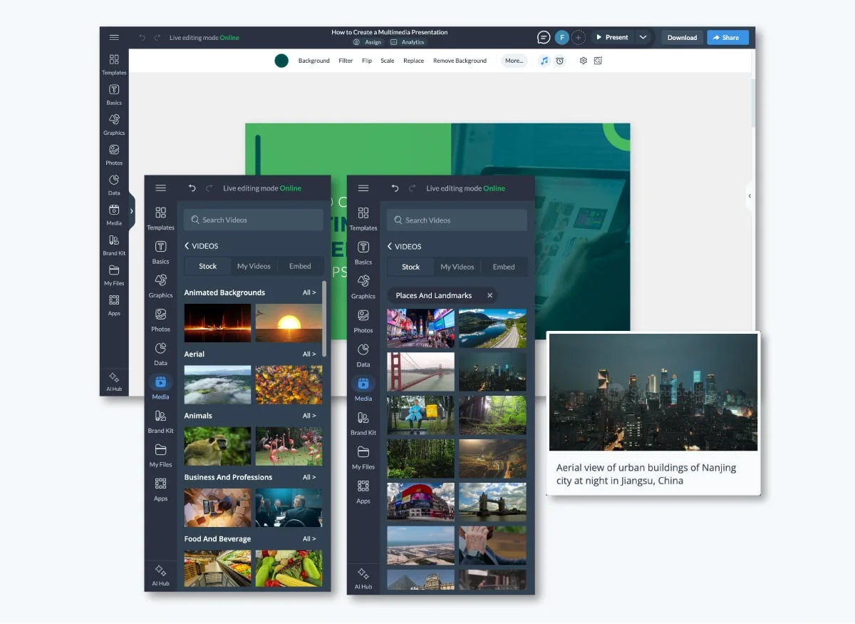 how to make a video presentation - adding Stock videos and video backgrounds in Visme