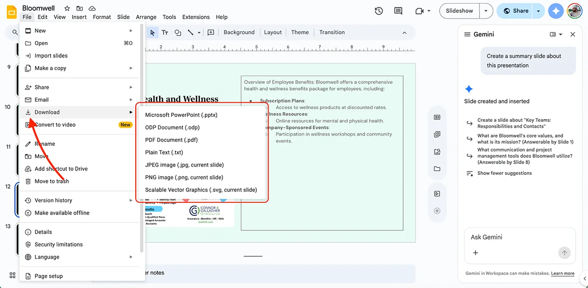 best presentation software - publish and export options in Google slides