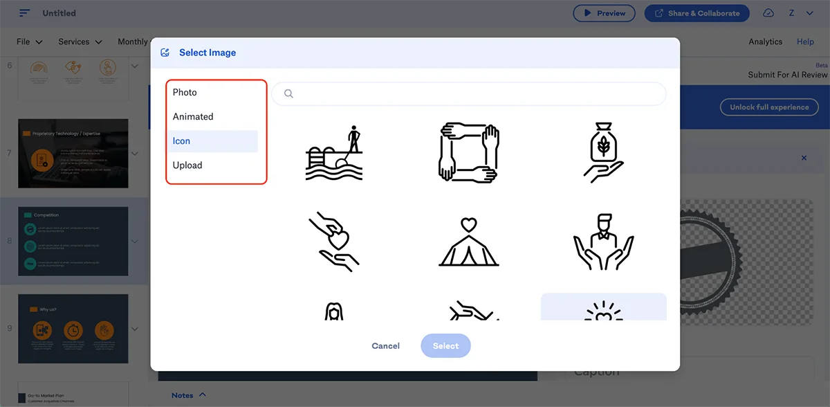 best presentation software - Slidebean asset library 