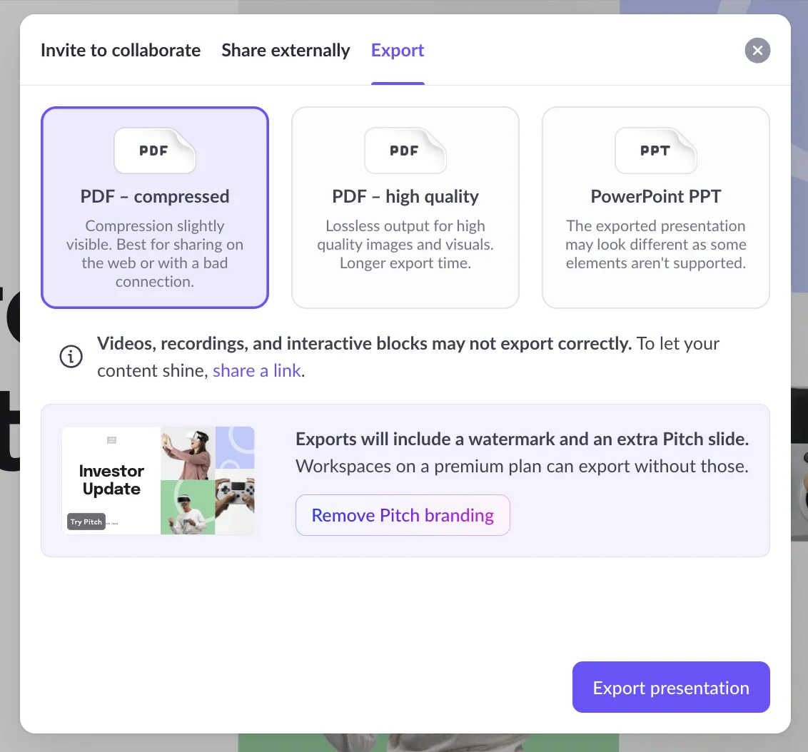 best presentation software - Pitch's publish and export feature