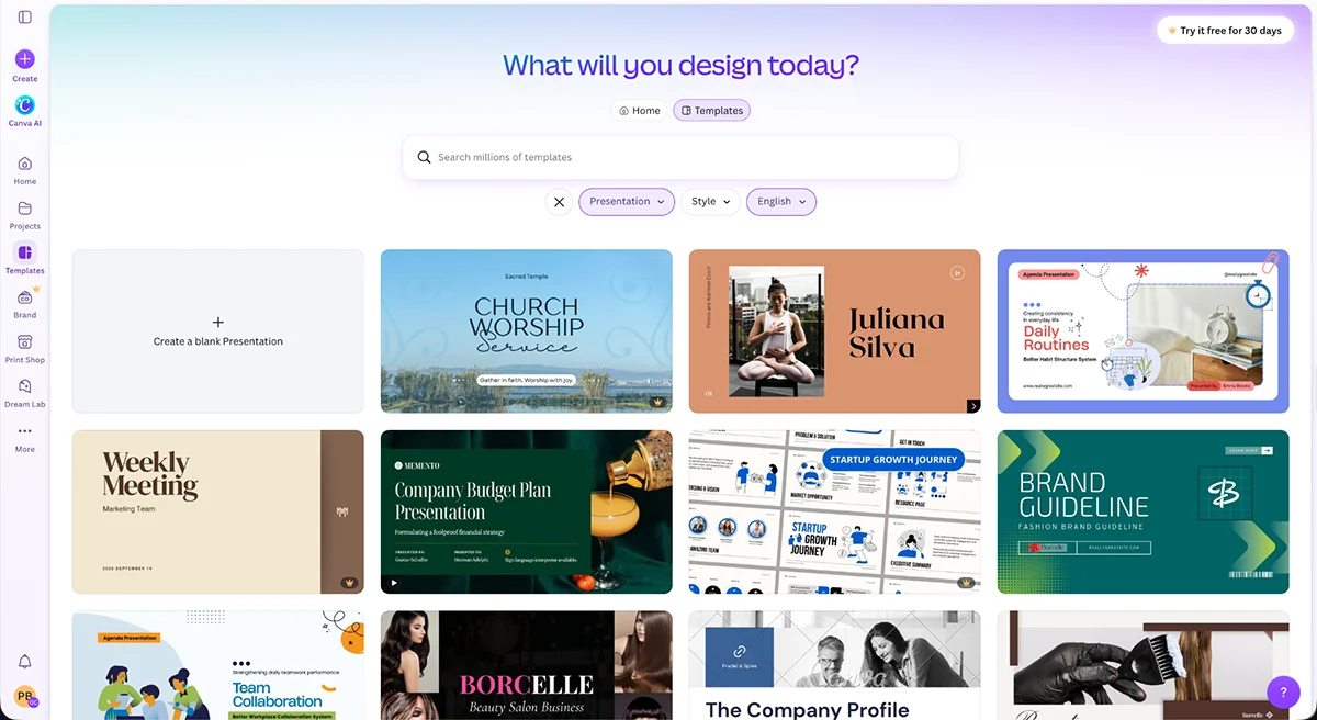 best presentation software - Canva's template library