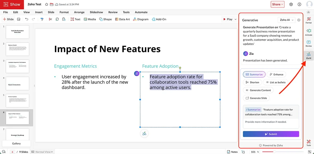 best presentation software - Zoho show AI writing assistant