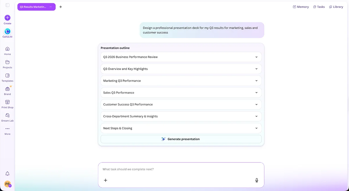 best presentation software - Canva's AI presentation generator