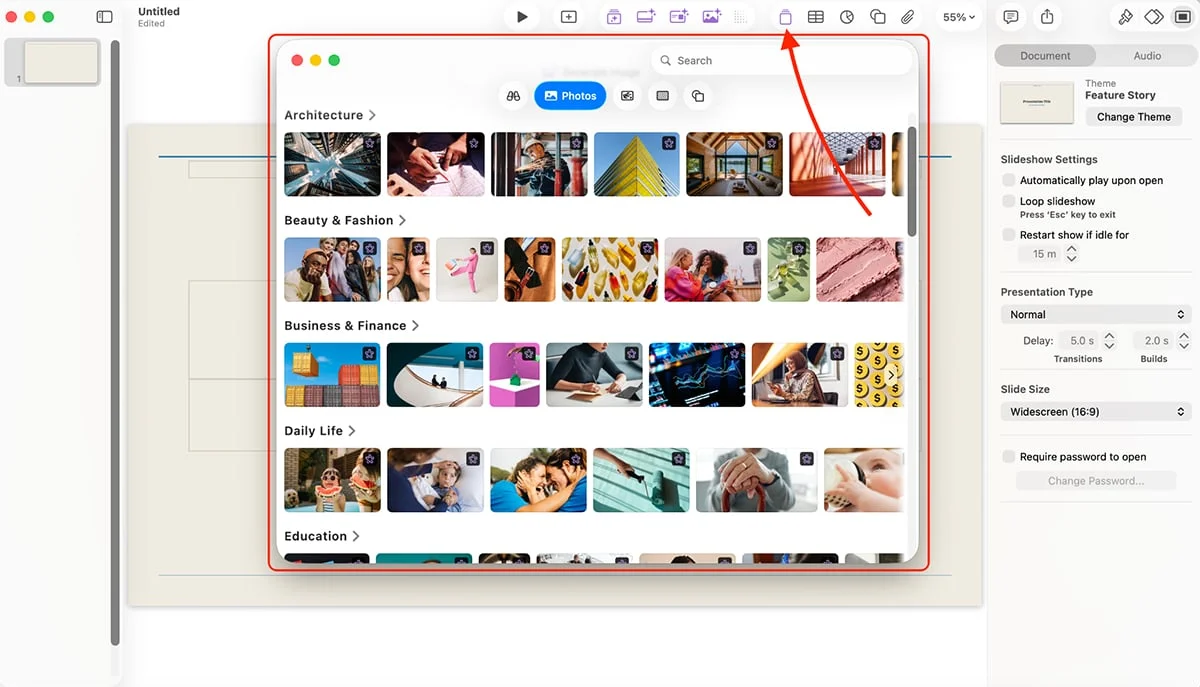best presentation software - asset library in Keynote